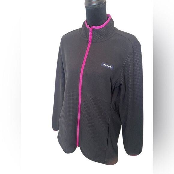 LANDS END BLACK GRID FLEECE ZIP‎ UP WINTER JACKET WOMENS SIZE LARGE - Picture 3 of 11